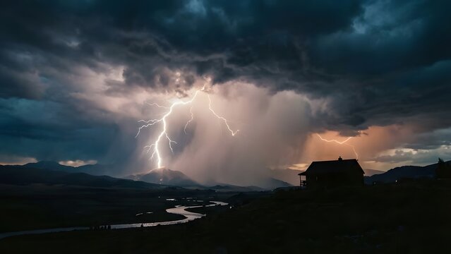 Dramatic Lightning Storm Over Dark Clouds and Landscape.