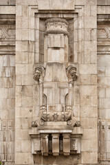 Sculpture and architectural decorations on the exterior walls of Milano Centrale (Milan Central) railway station