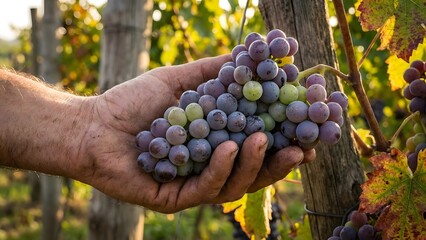 Hand Holding Bunch of Fresh Grapes in Vineyard.