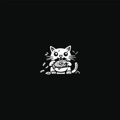 Cute cartoon white cat eating a fish in line cut style isolated on black background