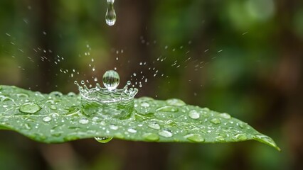 Close-up of Water Droplet Falling on Leaf.