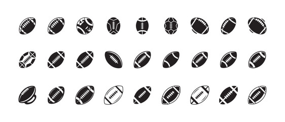 Set of icons showing various perspectives and styles of rugby and soccer balls for sports apps