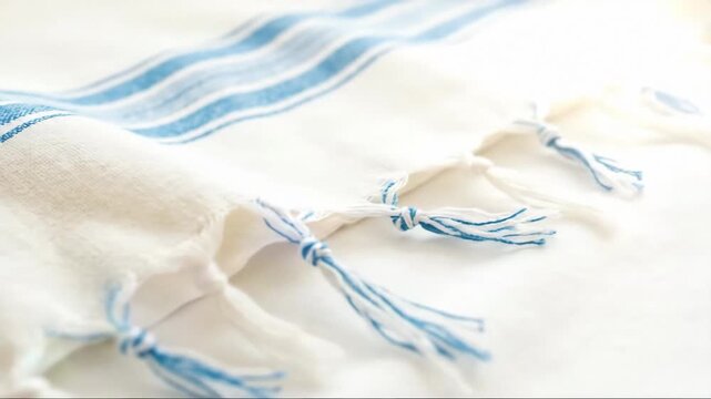 Gentle white fabric texture with blue stripes and tassels.