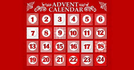 Advent Calendar Poster Design with Merry Christmas Greeting, Festive Countdown Numbers, Winter Holiday Celebration Background, Decorative Gift and Tree Illustration, 