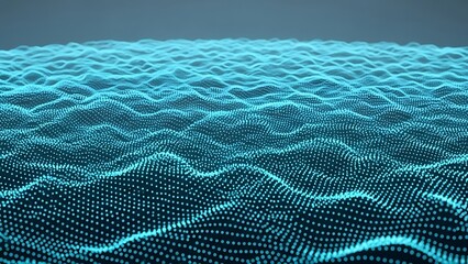 Dynamic blue particle wave pattern on a dark background, representing an abstract digital data flow or a futuristic technological network landscape visualization