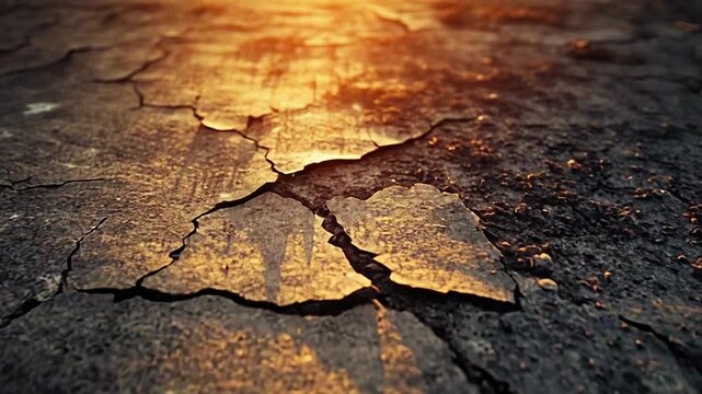 Cracked, parched earth bathed in warm light, close up texture of drought stricken soil symbolizing heat, climate change, desertification and water scarcity impacts