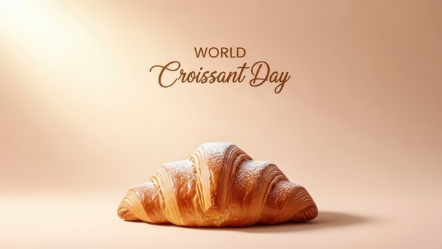 Golden croissant dusted with powdered sugar a delicious pastry for World Croissant Day celebration isolated on a warm soft background