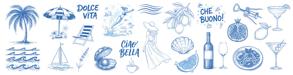 Blue line art set of Italian Dolce Vita and beach vacation icons