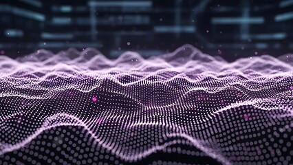 Abstract digital waveform with glowing pink particles and blurred futuristic background