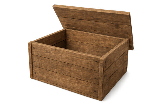 Empty wooden crate with an open lid, a rustic object providing storage or packaging, isolated with transparent background