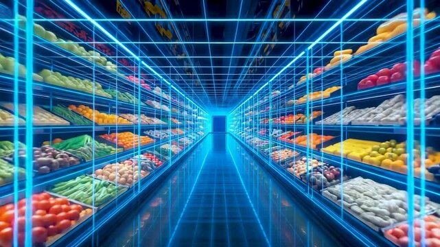 Futuristic supermarket aisle with glowing digital grid overlay and stocked shelves perspective