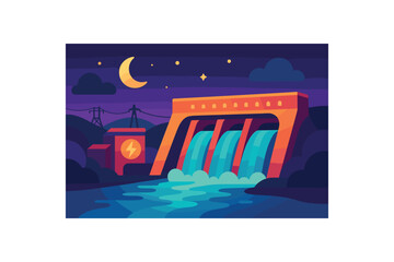 Flat vector illustration of colorful hydroelectric dam at night with vivid lights rounded shapes clean flat vector style