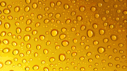 Golden liquid droplets cover a vibrant yellow surface in a close up view