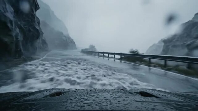 Dramatic Road Blocked by Floodwater, Rockslide, and Heavy Rainfall Cinematic Journey