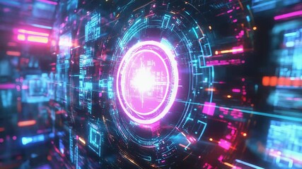 Abstract background showing a tunnel of glowing neon light circuits, digital information, and futuristic user interface elements representing advanced technology and big data processing - Powered by Adobe