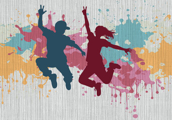 Happy jumping kids silhouettes on a colorful paint splatter background, playful children dancing and leaping, urban street art style vector illustration 