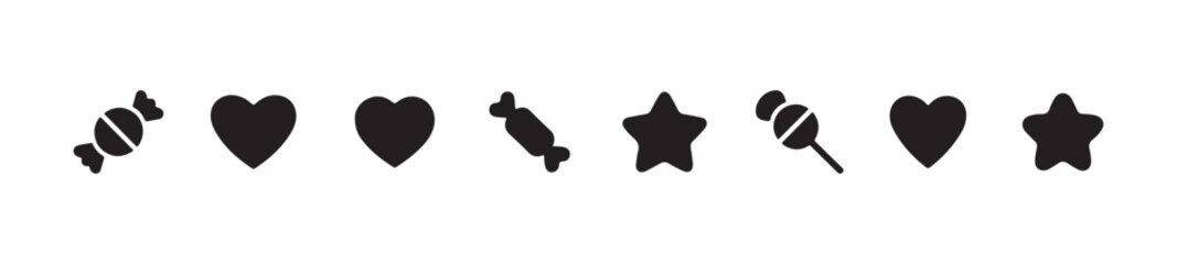 Set of eight black and white vector icons featuring various candies, hearts, and stars on a white background