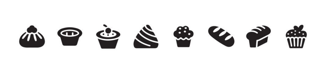 Set of eight bakery and dessert glyph icons including various pastries cakes bread and cupcakes on white background