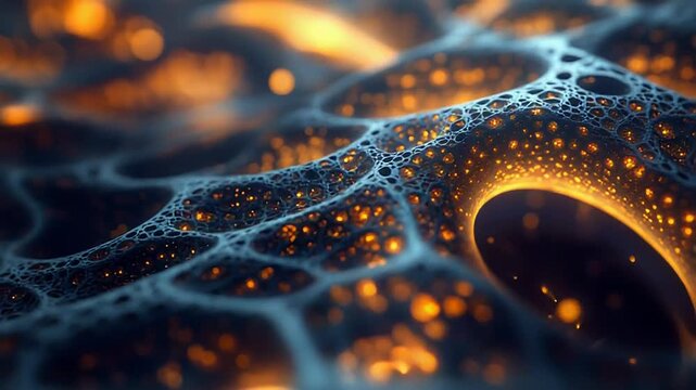 Glowing network of abstract neurons and micro organisms forming an intricate web of illuminated nodes and connections, evoking ai, data flow, bio tech and neural communication