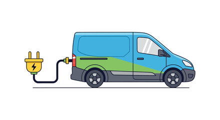 electric delivery van charging with power cable eco friendly commercial vehicle illustration for green logistics and sustainable transport