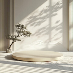 和風の縦格子と白砂の枯山水がある木製の円形ポディウム。高級感のある和モダンの商品展示用3D背景。 (Round wooden podium with Japanese vertical lattice and white sand garden. High-end modern Japanese 3D background.)