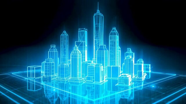 Blue holographic city skyline model rising from illuminated digital grid base
