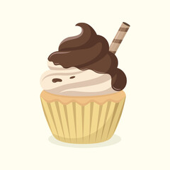 Cute delicious cupcake with cream, chocolate icing and wafer roll. Dessert vector illustration.