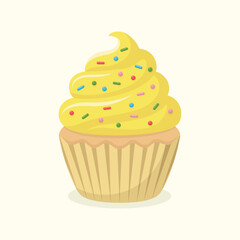 Cute delicious cupcake with lemon cream and colourful sprinkles. Dessert vector illustration.