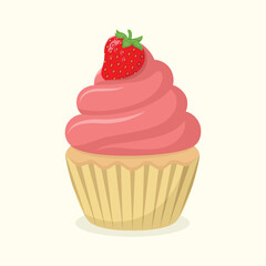 Cute delicious cupcake with cream and strawberry. Dessert vector illustration.