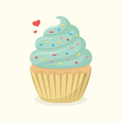 Cute delicious cupcake with pistachio cream and colourful sprinkles. Dessert vector illustration.