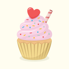 Cute delicious cupcake with strawberry cream, decorative heart and colourful sprinkles. Dessert vector illustration.