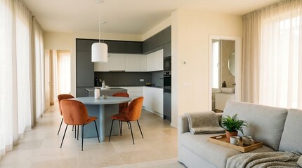 Serene Interior: Modern home interior, with a blend of neutral tones, soft textures, and natural light, featuring a dining area, kitchen, and living space designed for comfort and elegance. 