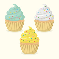 Cute cupcakes set with cream and colourful sprinkles. Dessert vector illustration.