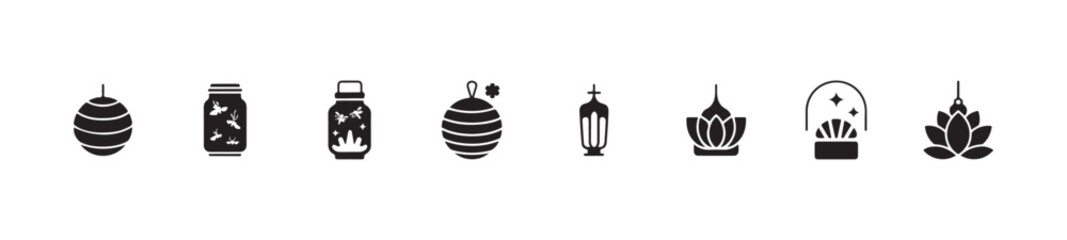 Collection of black and white silhouette icons featuring various decorative lanterns and jars