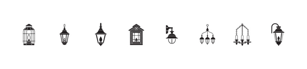 Collection of black and white silhouette icons featuring various wall-mounted and hanging lanterns