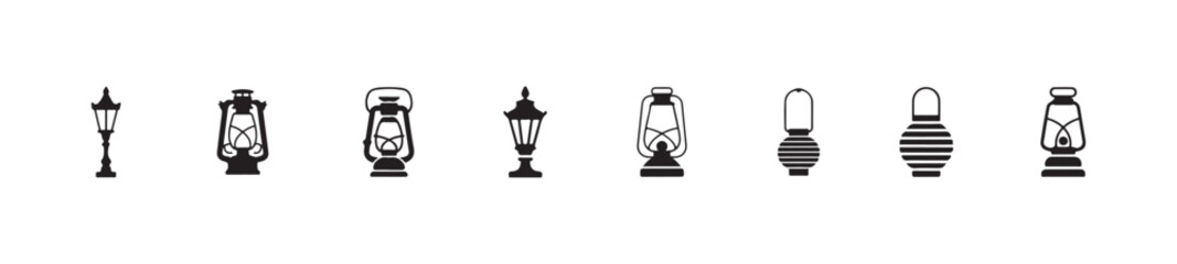 Set of vintage lanterns and street lamps for illumination isolated on white background, various styles © MST
