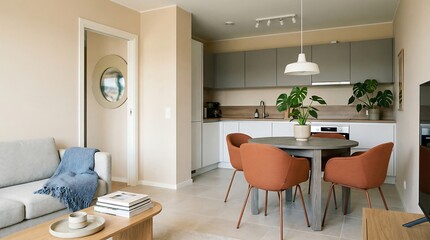 Modern Living Space Interior: A stylish and contemporary living area, featuring a harmonious blend of neutral tones, sleek furniture, and natural elements, showcasing a cozy and inviting ambiance.