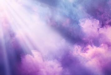 Obraz premium A blurred background of white and purple smoke, with light rays shining through the clouds, creating an ethereal effect.