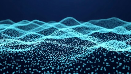 Abstract blue digital wave particles flowing in a dark digital ocean, representing data flow and interconnectedness in technology