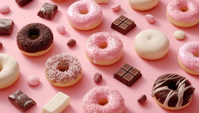 A colorful array of pastel-colored doughnuts and chocolates on a pink background