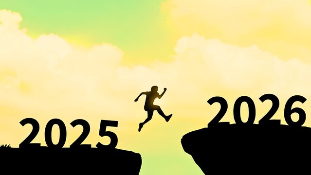 A person silhouette jumping across a gap from 2025 to 2026, symbolizing a new year transition and future challenges.