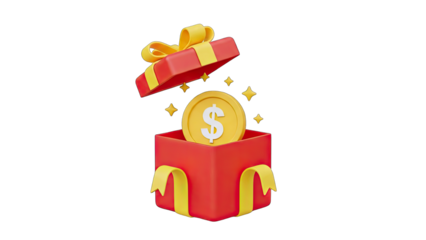 Red gift box with yellow ribbon opening to reveal a golden coin surrounded by small stars on a transparent background creating a surprise and celebratory atmosphere
