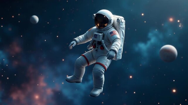 Video An astronaut floats in mid-air surrounded by distant planets, a celestial scene