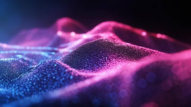 Abstract technology background showing glowing pink and blue particles forming a wavy surface, representing flowing digital data and modern connectivity with light bokeh effects
