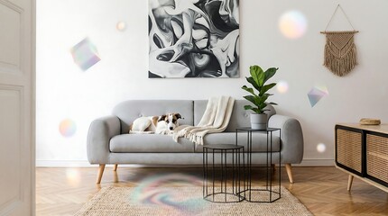 Cozy Haven: A calm scene of a modern living room, featuring a comfortable grey sofa, complemented by artistic decor and a pet.