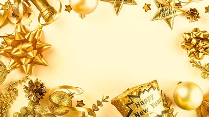 Golden festive decorations frame for New Year's Eve celebration background.