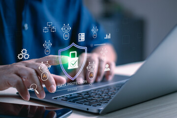 concept of cybersecurity and AI powered fraud alerts, man demonstrates data protection or warning about use of AI technology to access malicious software or online threats on the internet