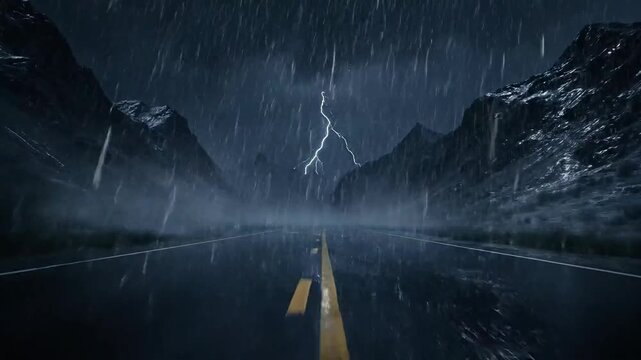 Dramatic Road Through Mountainous Landscape During Intense Thunderstorm With Lightning Strikes