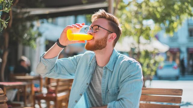 Young man enjoying fresh orange juice at a sunny outdoor cafe while smiling and relaxing on a warm day in the city