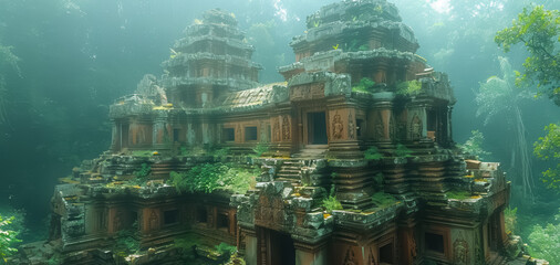 Old oriental temple ruins in jungle, ancient architecture